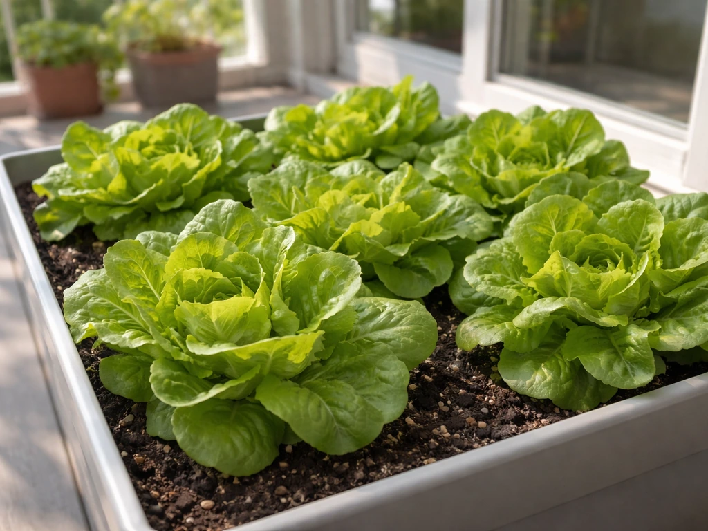 Lush, crisp lettuce growing in a small home container bed, showing it’s easy for beginners.