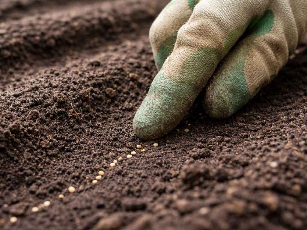 Tiny lettuce seeds pressed into moist soil at very shallow depth, close-up in a small garden bed.
