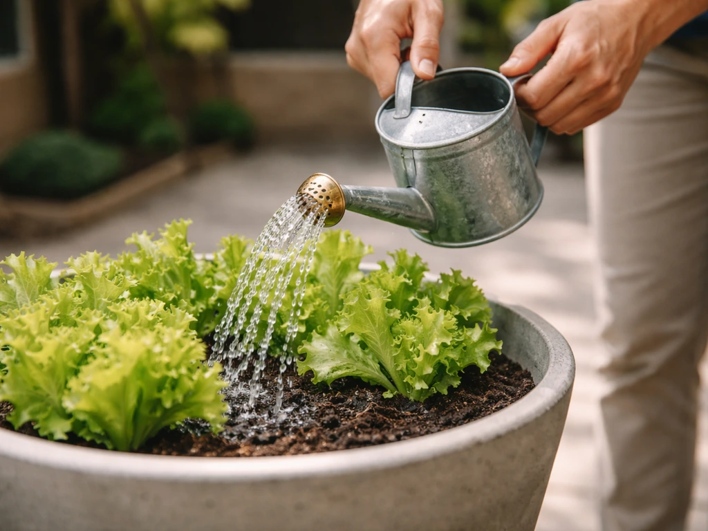 Hands gently watering a lettuce plant in a container with evenly moist soil