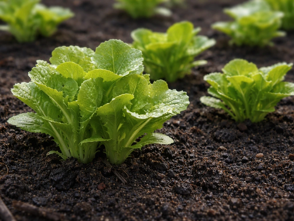 Close-up of healthy, compact lettuce seedlings growing in cool outdoor soil, crisp green leaves.