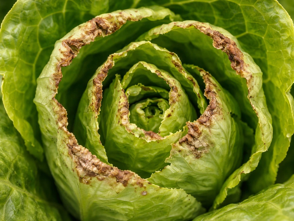 Close-up of inner lettuce leaves showing brown margins and spots from tipburn.
