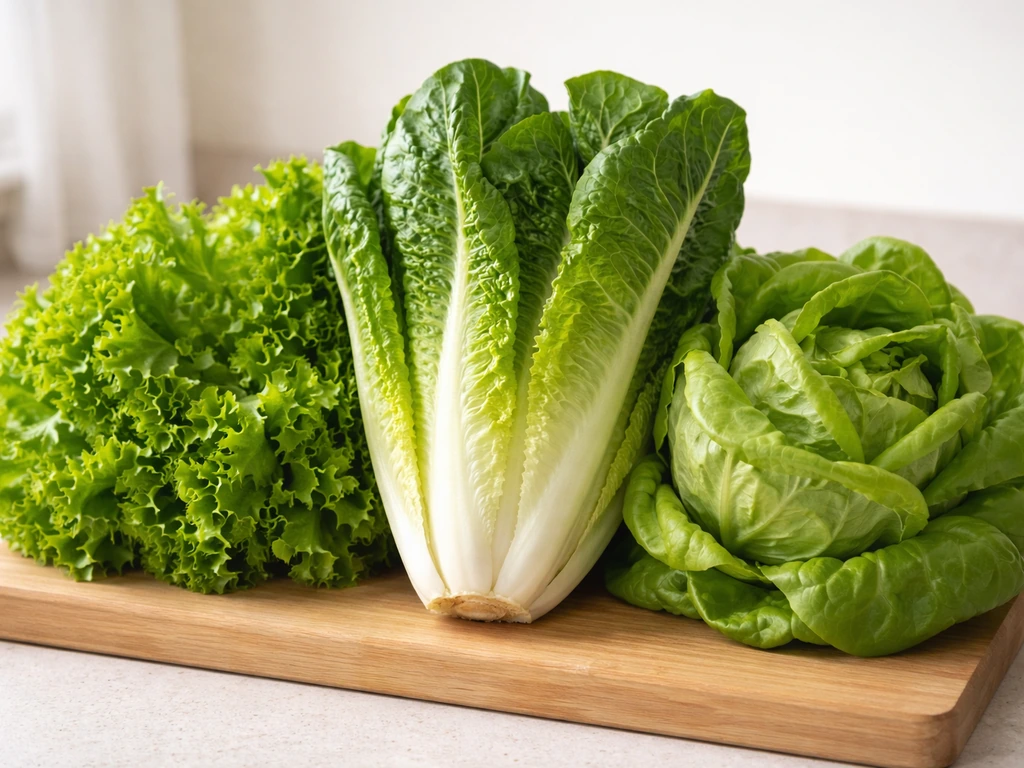 Fresh looseleaf, romaine, and butterhead lettuces arranged side-by-side on a cutting board.