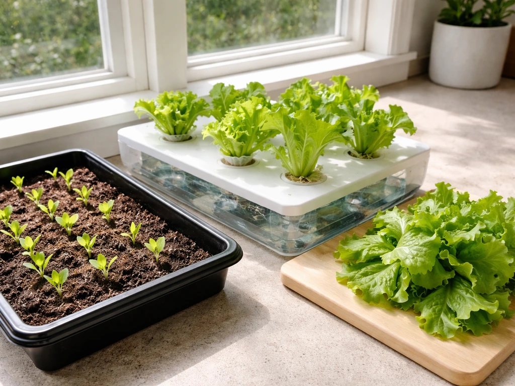 Bright home lettuce grow setup with soil container, hydroponic channel, and fresh harvested leaves