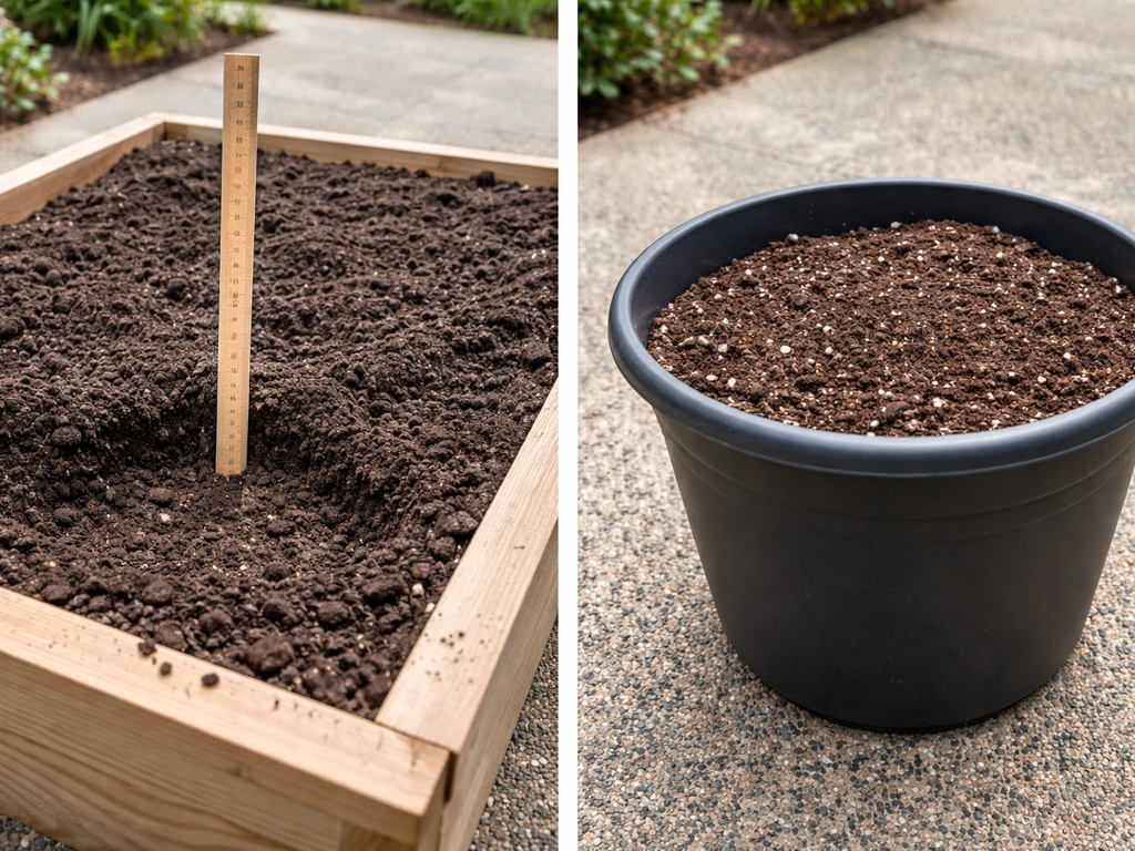Raised outdoor garden bed with compost in shallow soil next to a deep container pot outdoors.