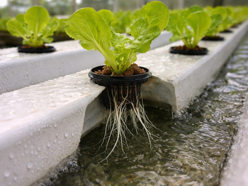 Close-up of an NFT hydroponic channel with small lettuce seedlings and roots in clear flowing water.