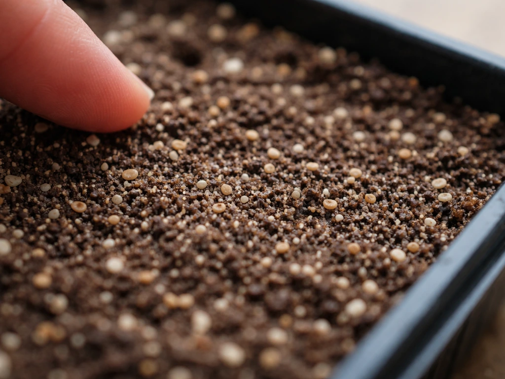 Macro close-up of lettuce seeds lightly pressed into seed-starting medium, barely covered for light germination.