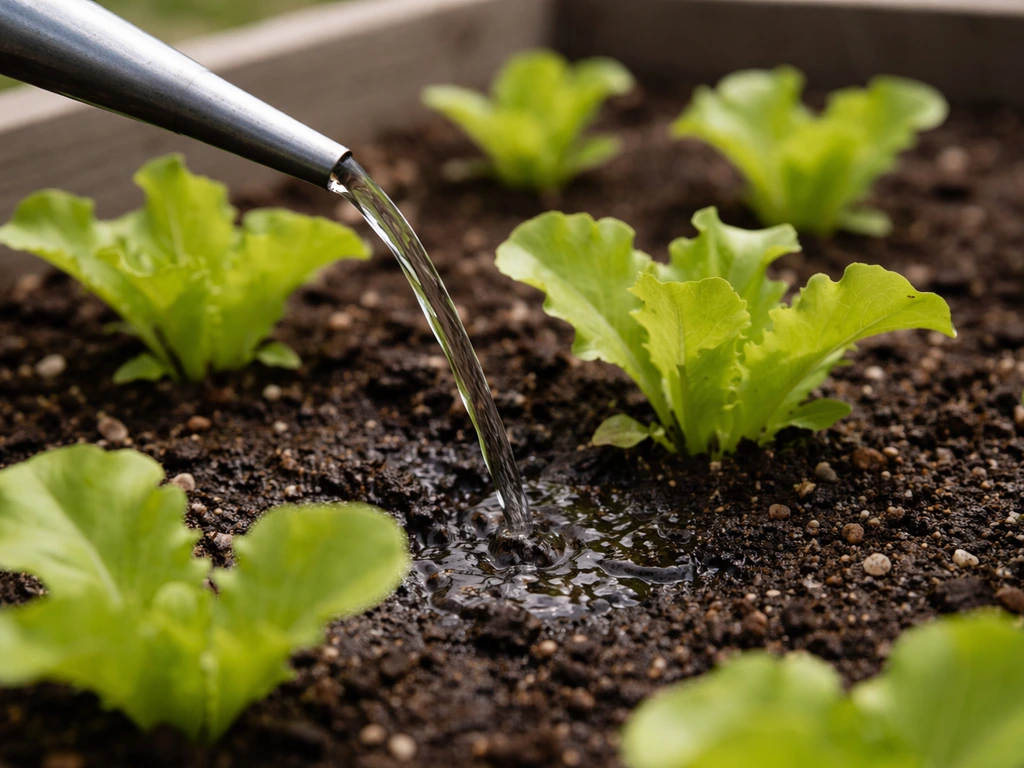 Gentle watering of lettuce seedlings’ root zone with moist soil in a small garden bed