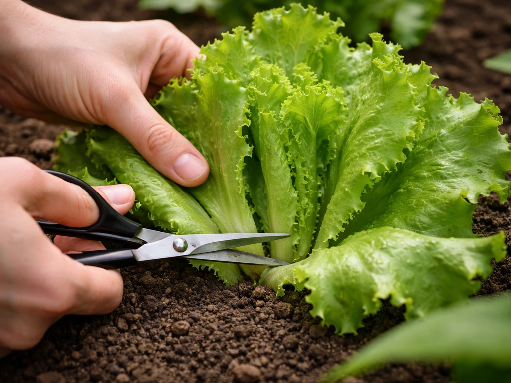 Hands use clean scissors to cut outer leaves from a loose-leaf lettuce plant while inner leaves stay growing.