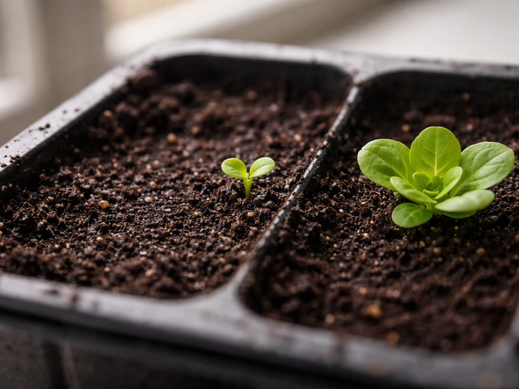 Close-up of soil showing buttercrunch seeds, tiny cotyledons, and early rosette leaves at once.
