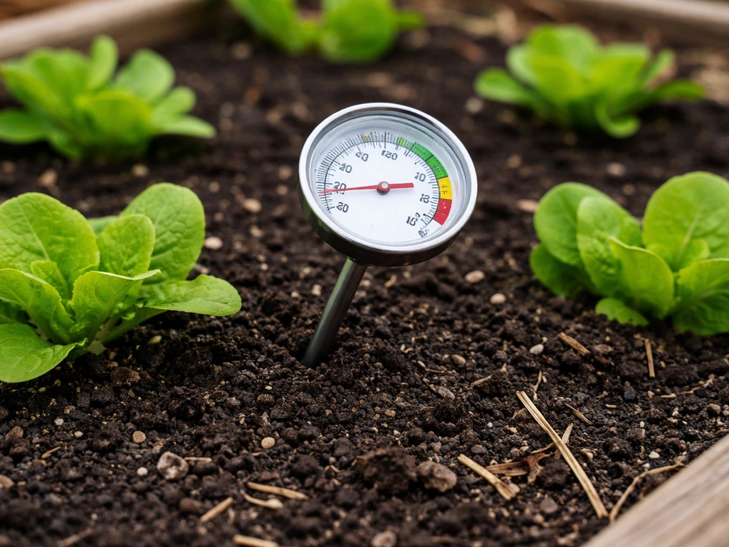 Soil thermometer inserted in moist garden soil beside young seedlings checking temperature.