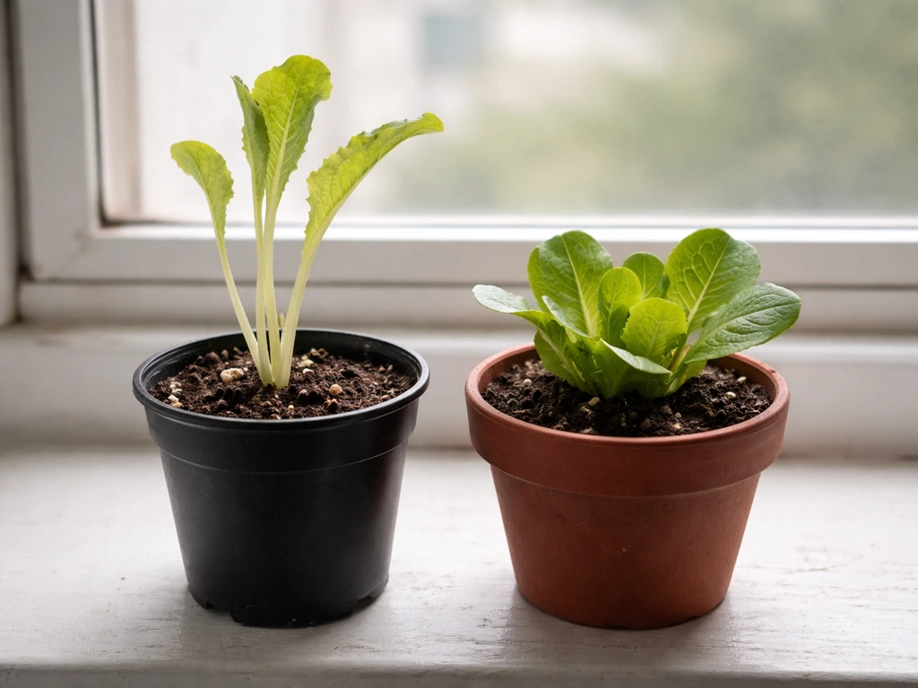 Two lettuce seedlings side by side showing leggy growth in low light and compact growth in brighter light.