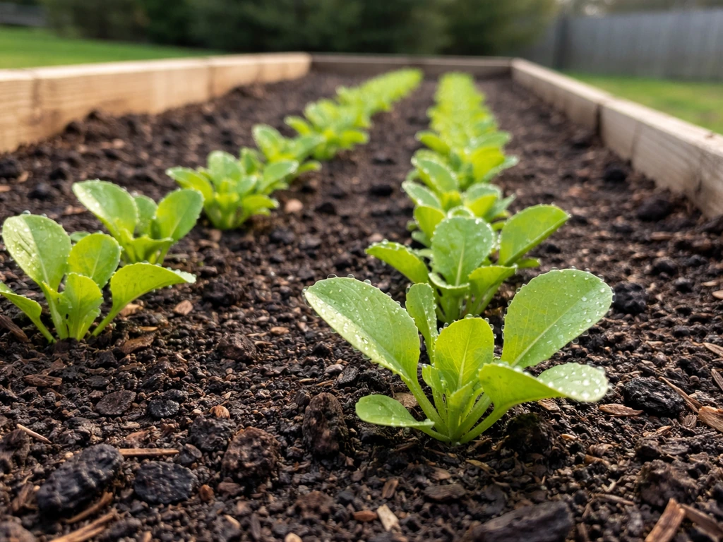 Young lettuce seedlings growing in a raised garden bed in cool Ohio weather.