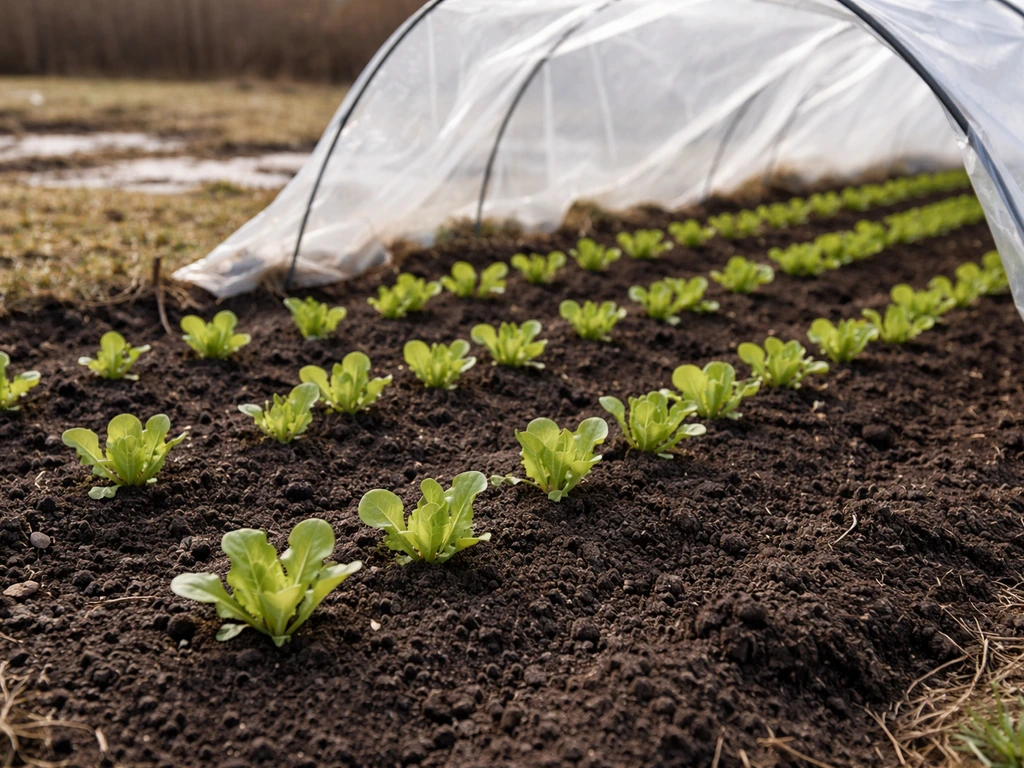 Young lettuce seedlings in an outdoor garden bed under a simple spring hoop cover