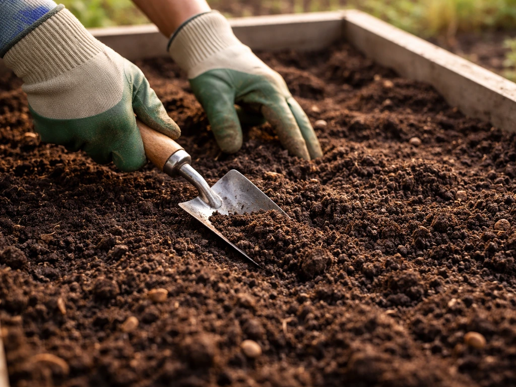 Gloved hands loosening compost-amended soil in a raised bed for lettuce preparation