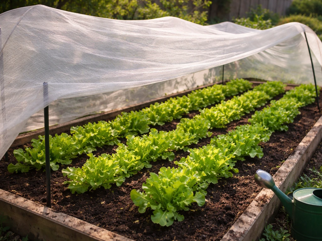 Lettuce under draped shade cloth in a simple backyard garden bed with moist soil in afternoon light.