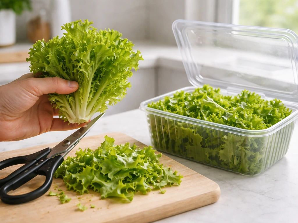 Fresh loose-leaf lettuce being harvested with a knife, with a crisper drawer container nearby.