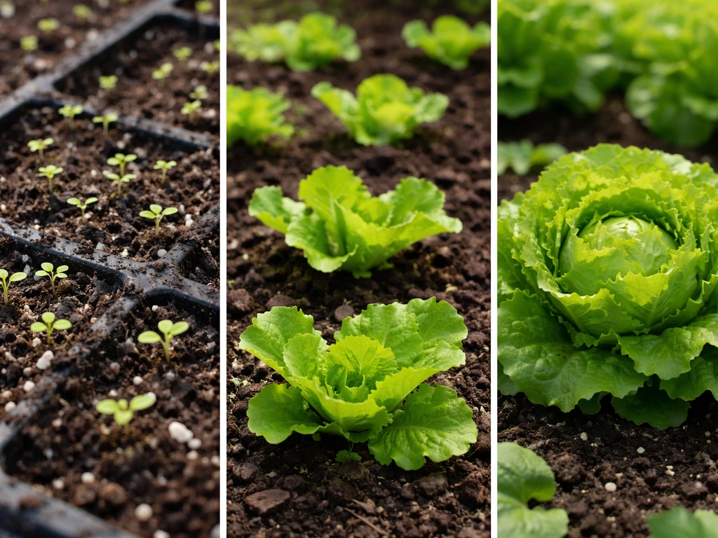 Three photoreal frames showing head lettuce growing from germination to mature harvest.