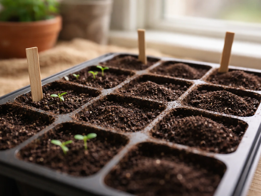 Close-up of a seedling tray with small pots, clear soil depth, and spaced seedlings in natural light.