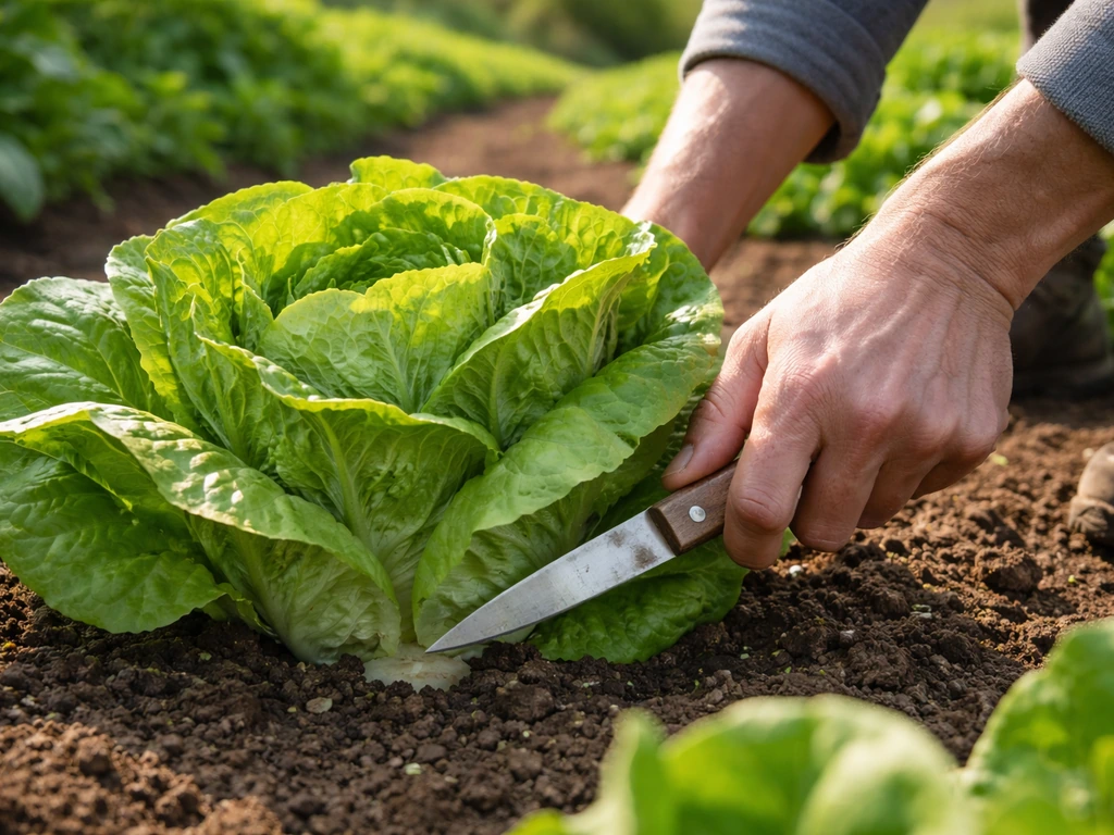 Anonymous gardener cuts a mature lettuce head at the base in a home garden bed.