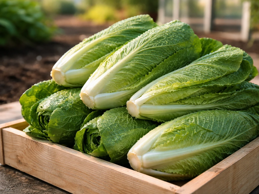 Freshly harvested romaine lettuce heads with crisp tight leaves on a wooden crate in a garden setting.