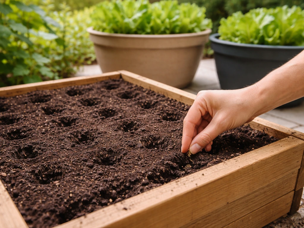 Hand placing romaine seeds in a raised bed filled with potting mix on a patio garden