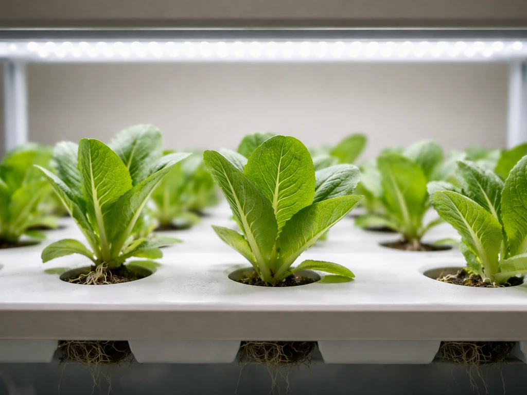 Close-up of romaine seedlings growing under LED grow lights in a simple hydroponic setup