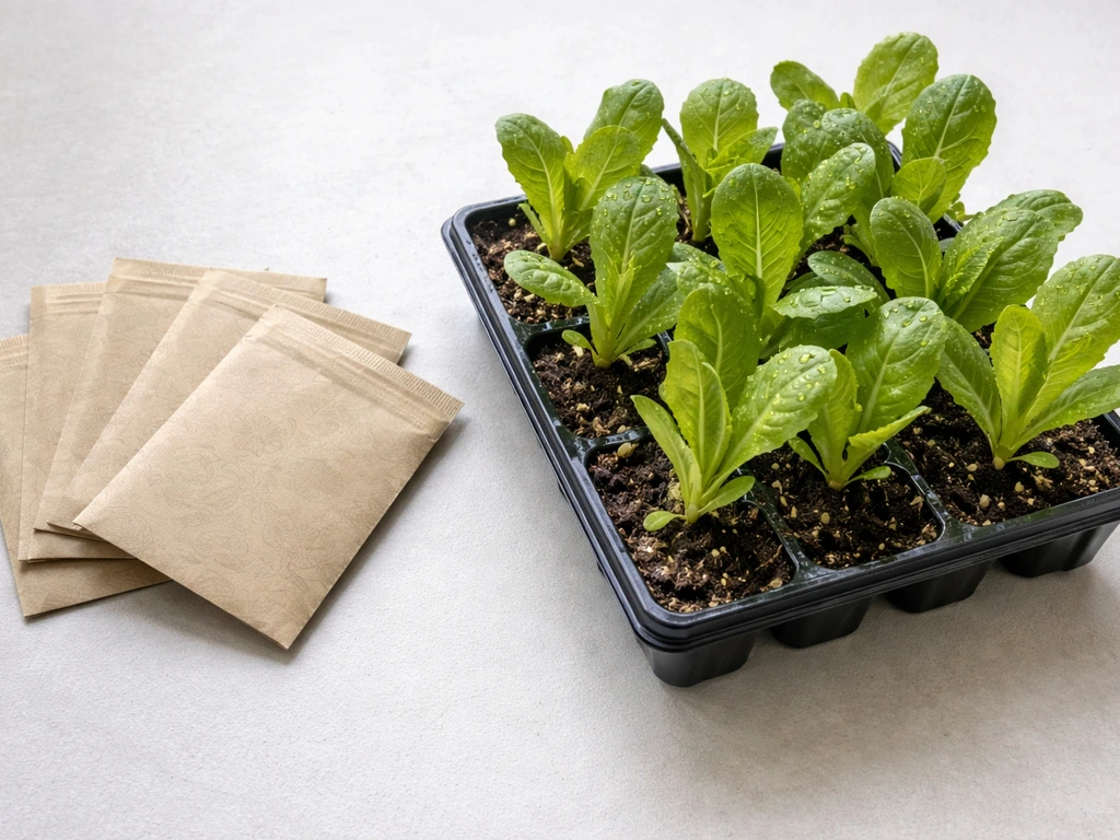 Side-by-side romaine seed packets and healthy transplant seedlings in a tray, close-up.