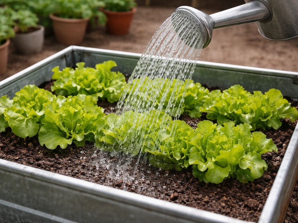 Watering shallow-root lettuce in a container bed, with the soil surface visibly damp after water lands.