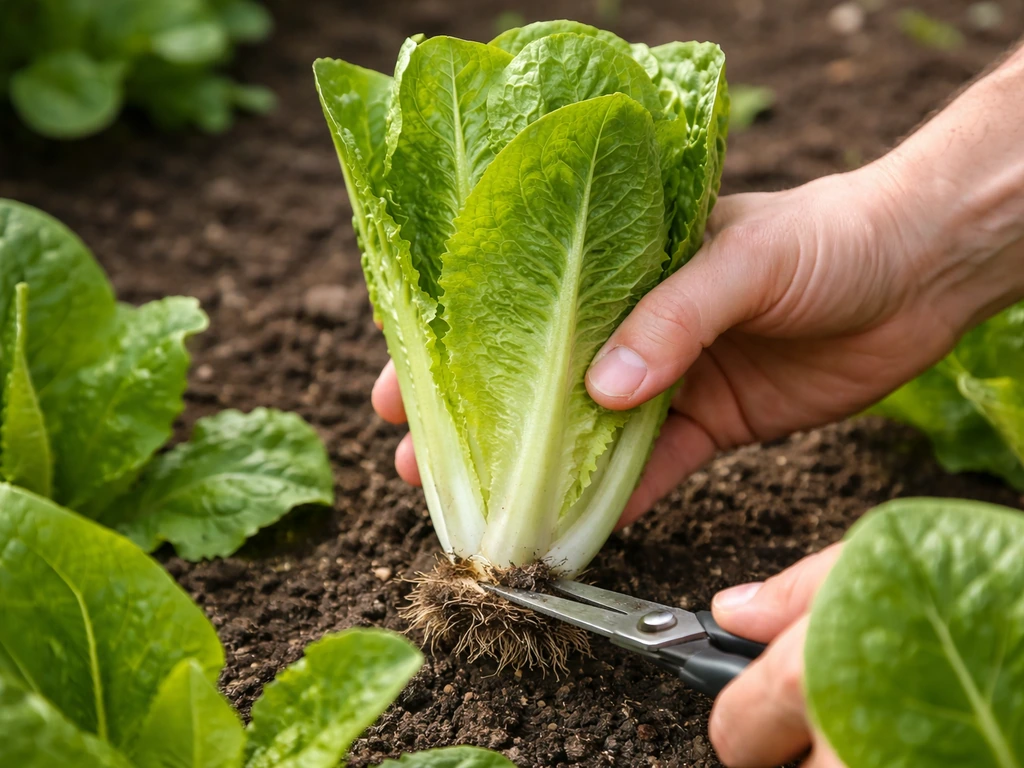 A romaine lettuce head being cut at the base with surrounding leaves and roots visible.