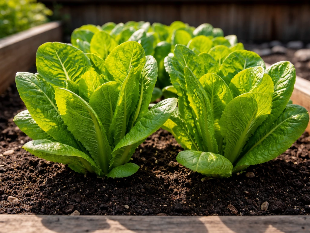 Fresh romaine lettuce leaves growing in a raised garden bed in natural morning light.