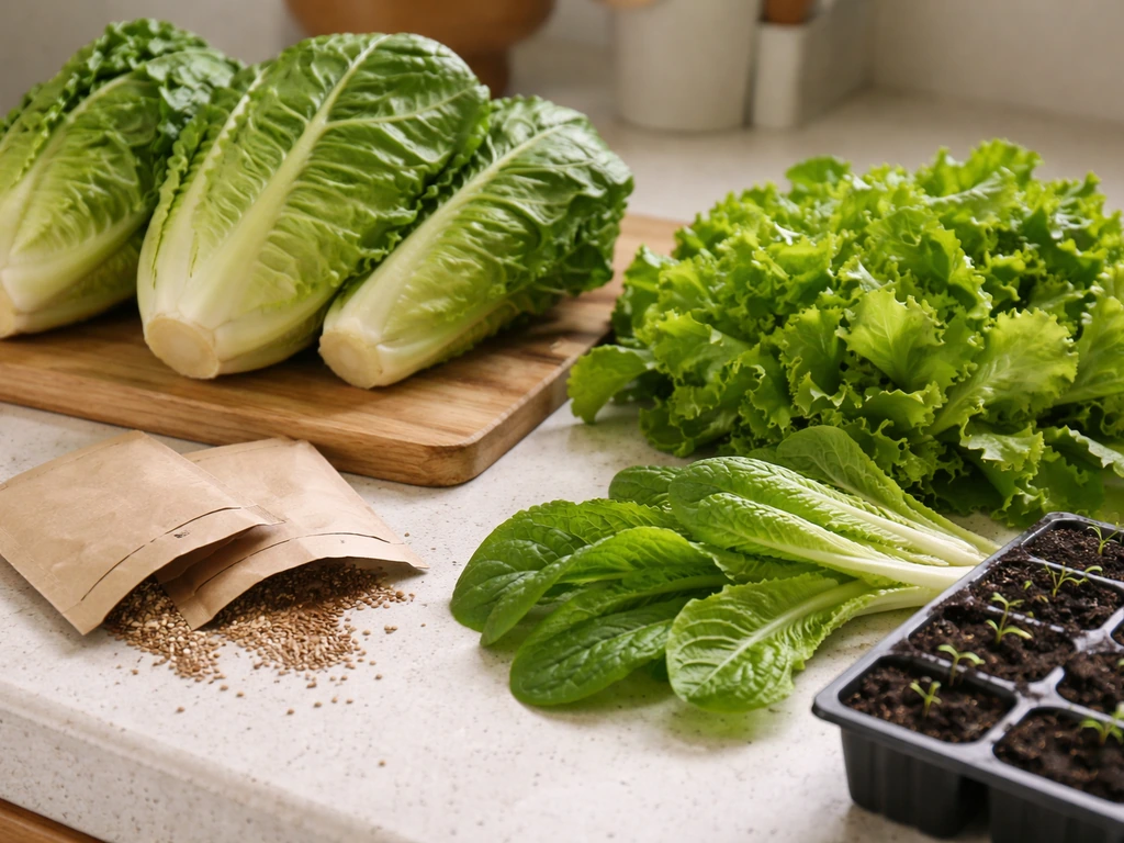 Close-up of full-size and baby/leafy romaine greens with seed packets and a small seed tray on a counter.