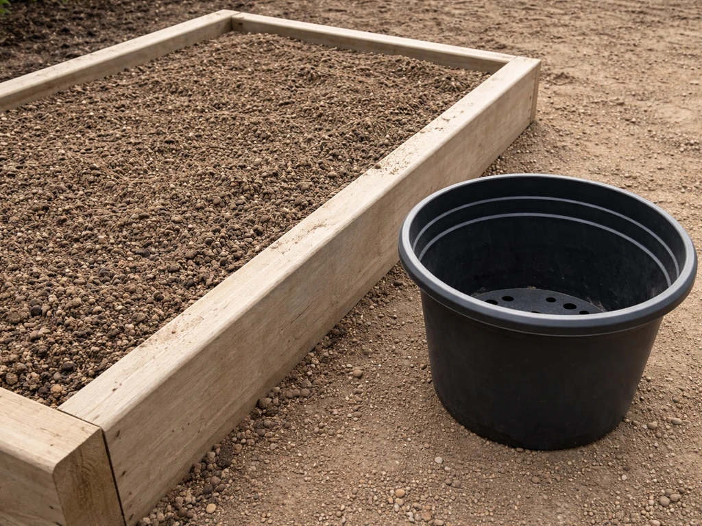 Loamy soil in a raised bed and an empty deep container pot showing drainage holes, ready for planting.