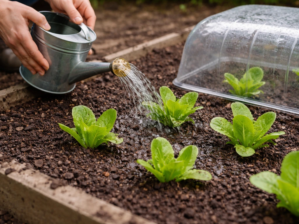 Garden bed romaine being watered with a watering can, with a simple cloche shading it from heat.