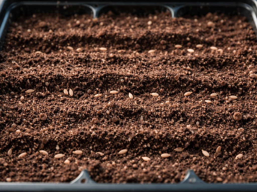 Top-down view of lettuce seeds barely covered in seed-starting mix, showing light exposure at germination depth.