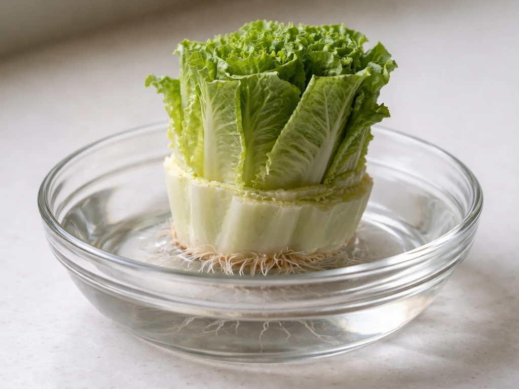 Romaine lettuce base in a shallow bowl of water with small roots beginning to grow.