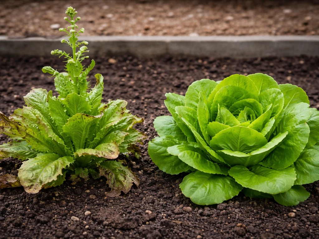 Two lettuce plants side by side: one bolting with a tall flower stalk, the other compact and healthy.