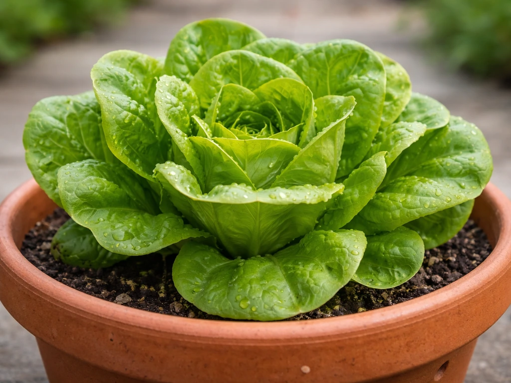 Close-up of lush compact container lettuce leaves in a terracotta pot on a sunny patio.