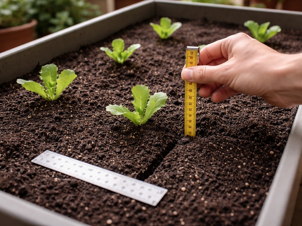 Measuring tape checks shallow soil depth and spacing in a wide container with lettuce plants.