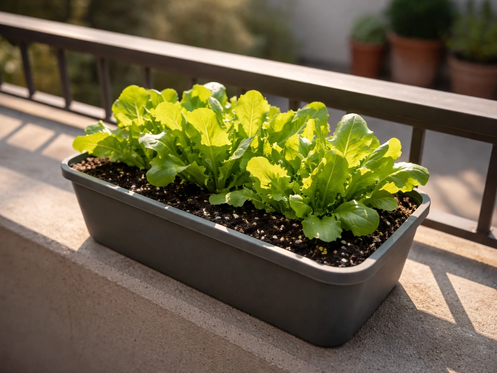 Container lettuce on a balcony receiving partial sun with realistic shadow patterns.