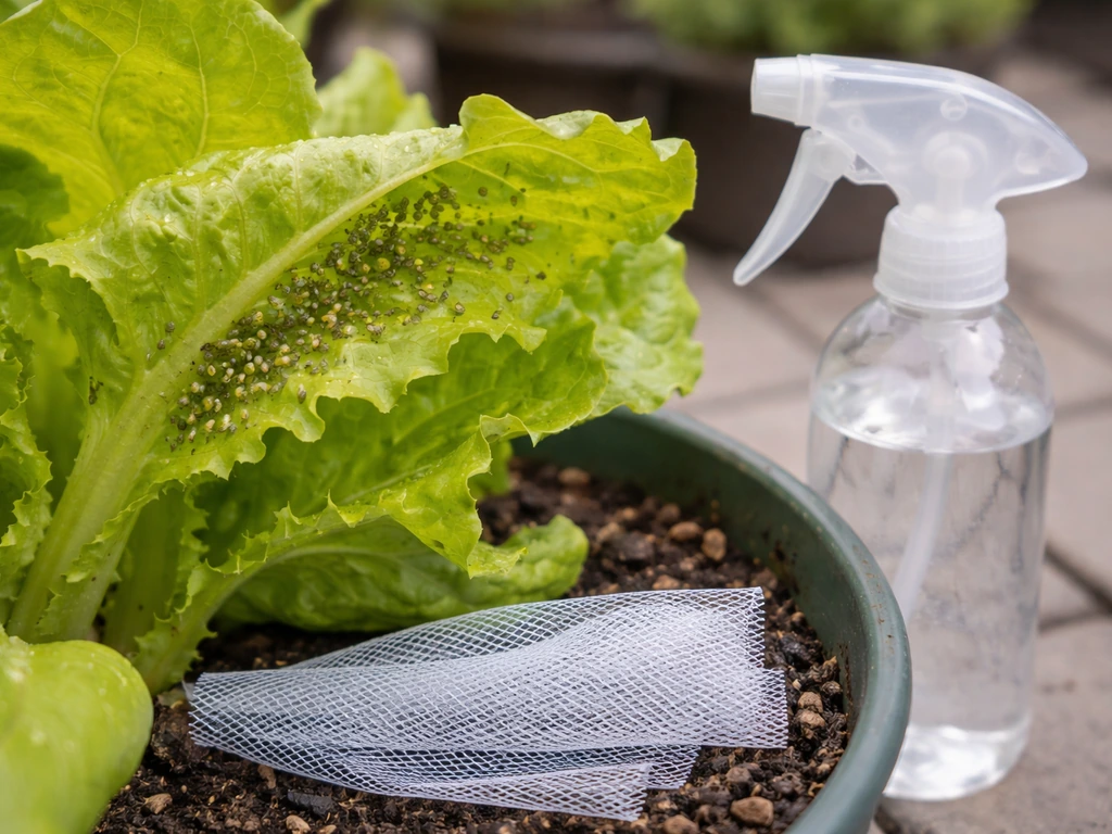 Close-up of container lettuce leaves with aphids and a nearby spray bottle and mesh netting for control.