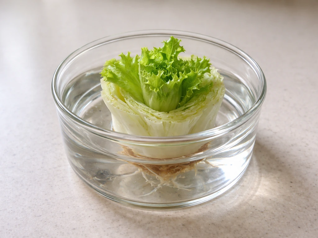 Fresh green lettuce shoots regrowing from a stem crown in clear water on a kitchen counter