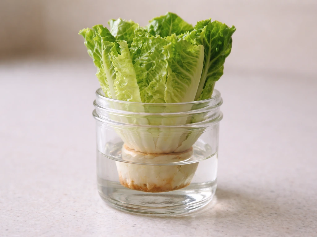 Fresh lettuce base in a clear jar of water, stem submerged and leaves above the waterline.