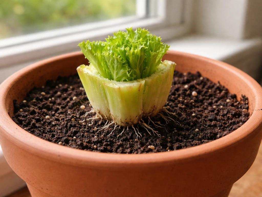 Regrown lettuce base with visible roots planted in a small pot by a sunny window.