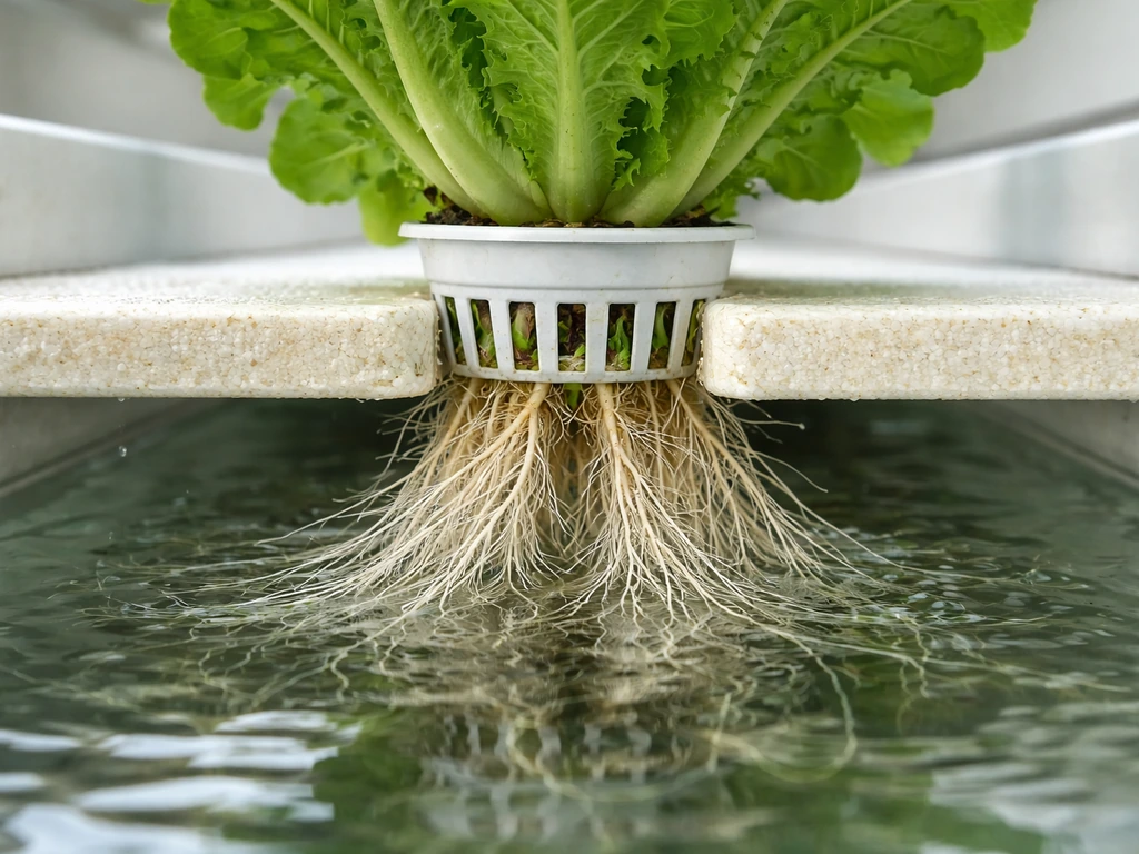 Close-up of a lettuce net pot with bright roots growing in a simple hydroponic water channel