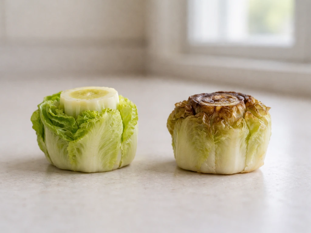 Two lettuce bases side by side: one firm pale crown, one brown mushy rotting crown.