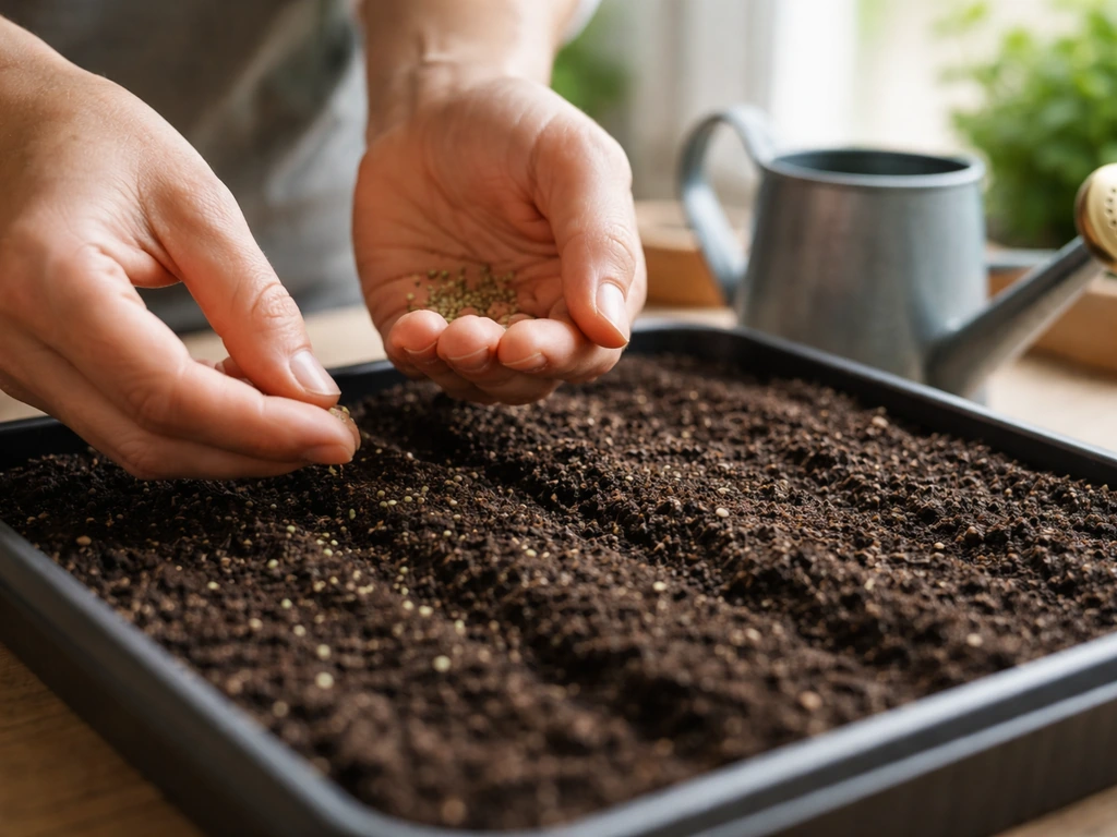Hands sow tiny lettuce seeds in a shallow tray, with a small watering can nearby in natural light.