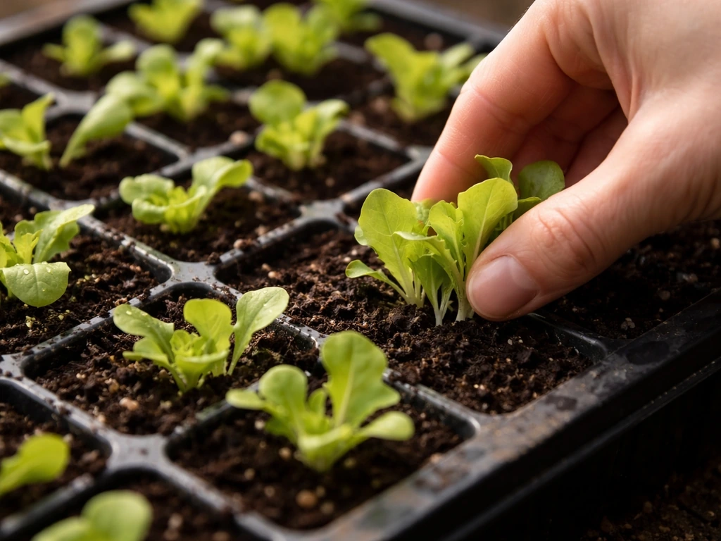 Hand thinning overlapping lettuce seedlings in a small tray, placing them into neat spacing.
