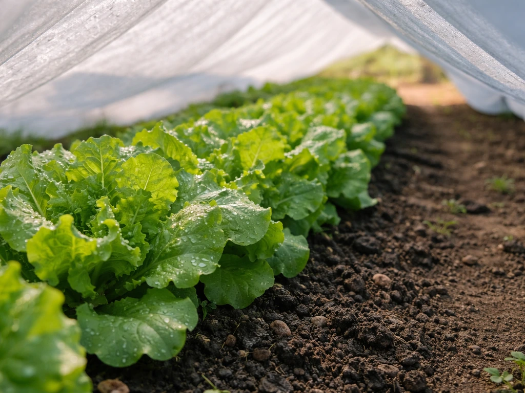 Leafy lettuce under a partially draped row cover in a cool, moist garden bed to help prevent bolting