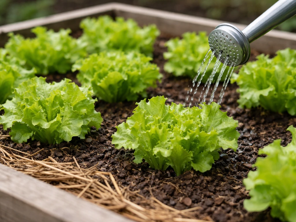 Garden bed of lettuce with moist soil, a simple mulch layer, and careful watering to prevent tipburn