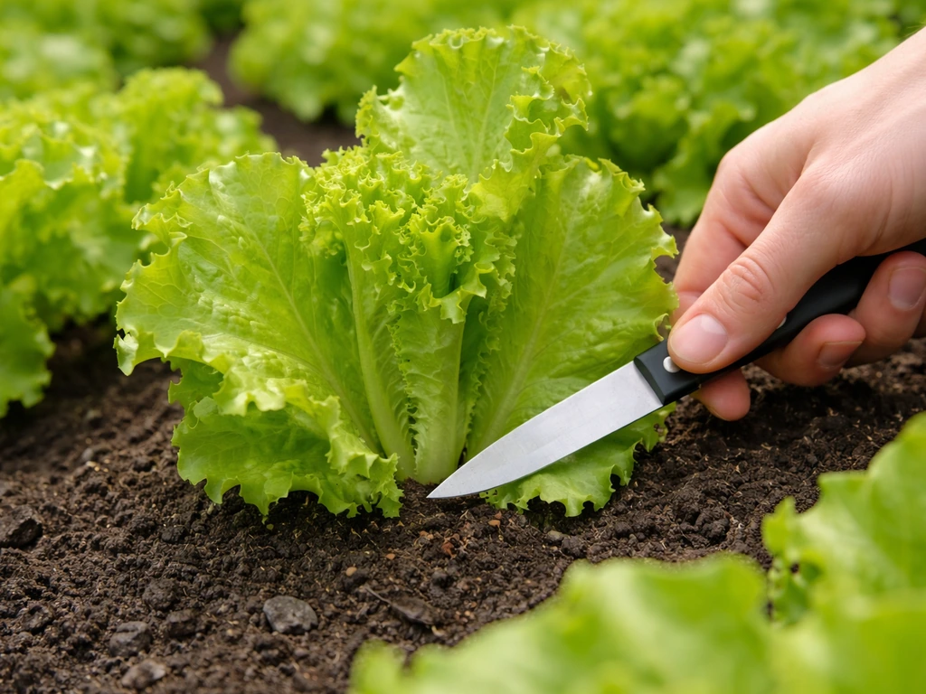 Hand cutting outer leaves of looseleaf lettuce about 2 inches above soil, leaving the crown to regrow.